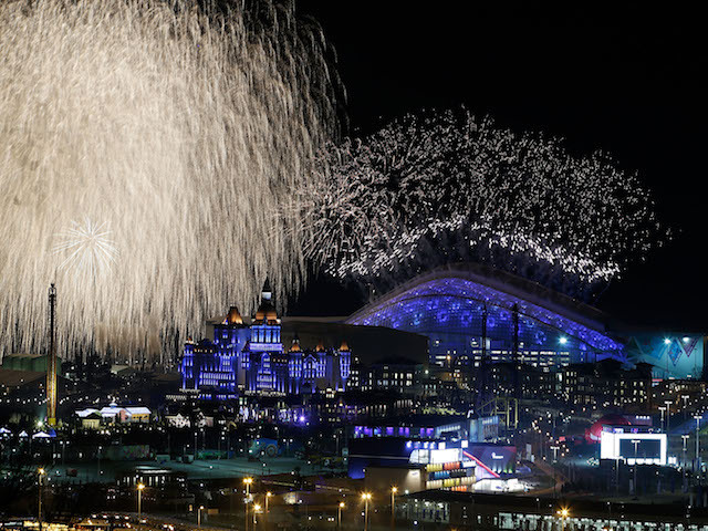 A general view of fireworks over Fisht Olympic Stadium during the Opening Ceremony of the Sochi 2014 Winter Olympics on February 7, 2014 in Sochi, Russia. Joe Scarnici