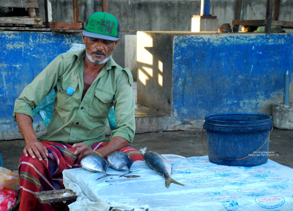 A find vendor sits in front of his catch